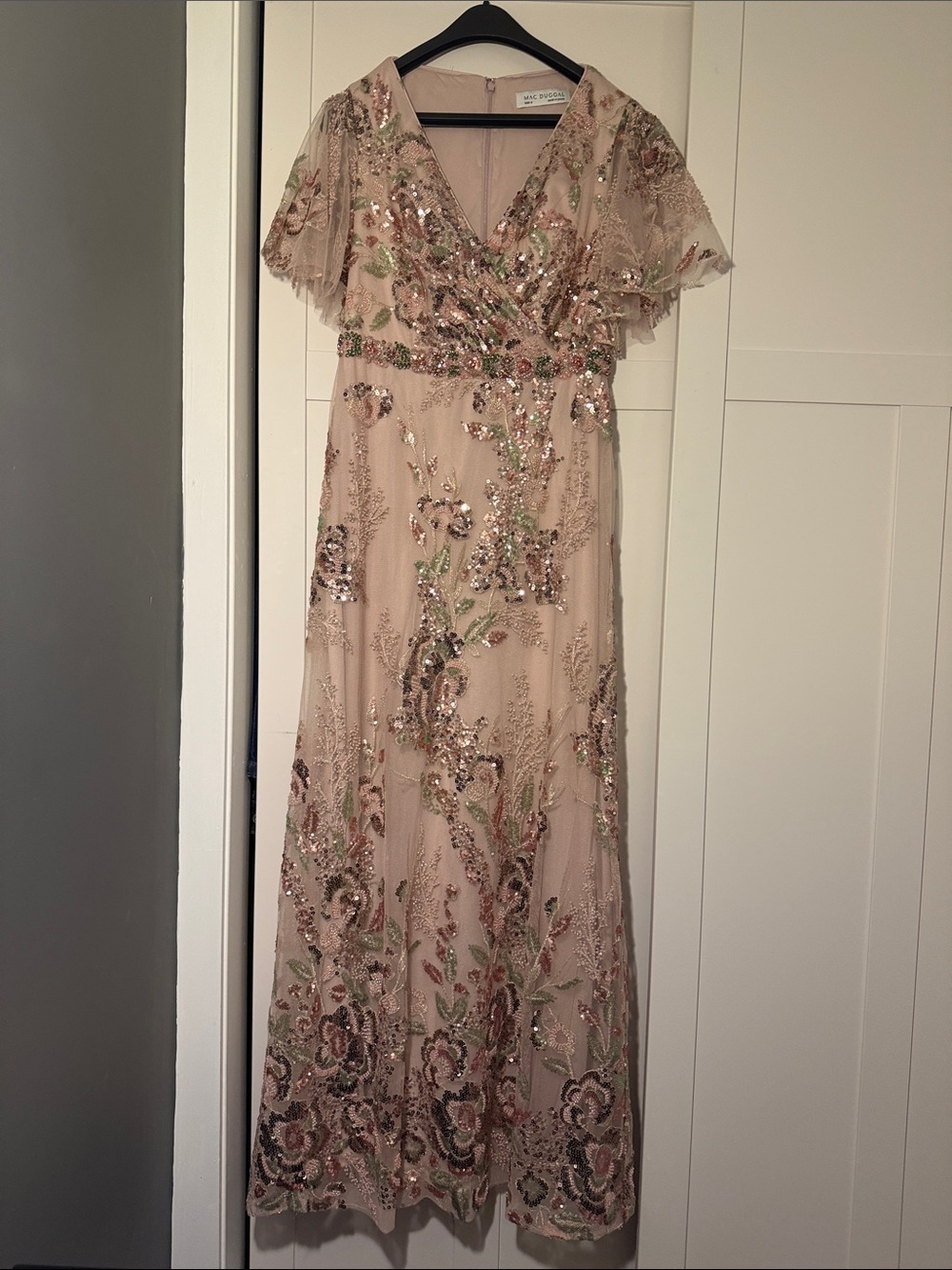 Elegant Mac Duggal Blush Floral Sequin V-Neck Evening Gown